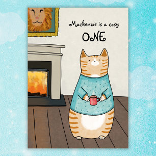 Whimsical Cat Cozy ONE Cat Winter 1e verjaardag Kaart