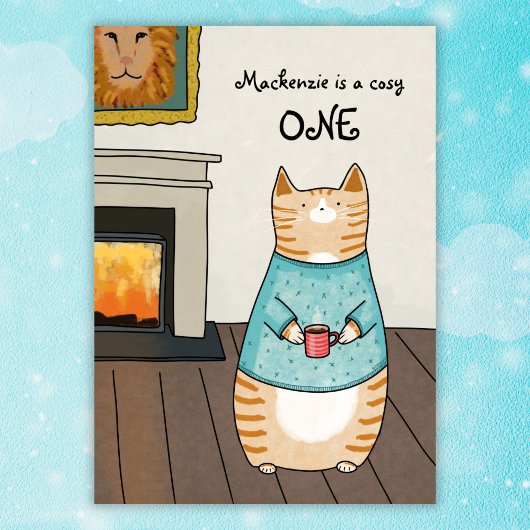 Whimsical Cat Cozy ONE Cat Winter 1e verjaardag Kaart