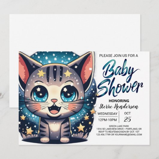 Whimsical Cat Editable Boy-Baby shower Kaart (Voorkant / Achterkant)