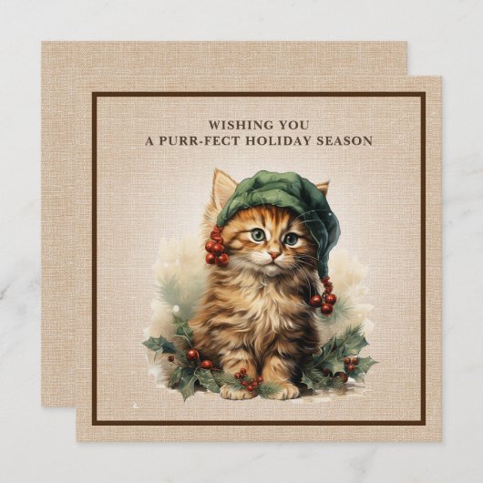 Whimsical Cat Elf Pet Holly Berries Burlap Feestdagenkaart (Voorkant / Achterkant)