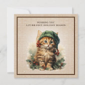 Whimsical Cat Elf Pet Holly Berries Burlap Feestdagenkaart (Voorkant)