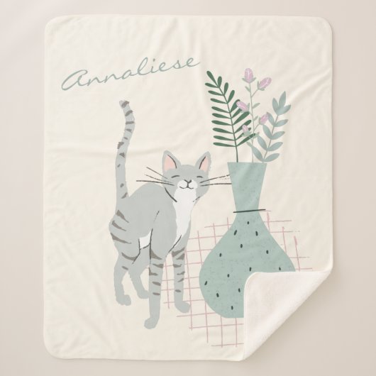 Whimsical Cat en Plant Sage Green gepersonaliseerd Sherpa Deken (Voorkant)