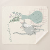 Whimsical Cat en Plant Sage Green gepersonaliseerd Sherpa Deken (Voorkant (horizontaal))