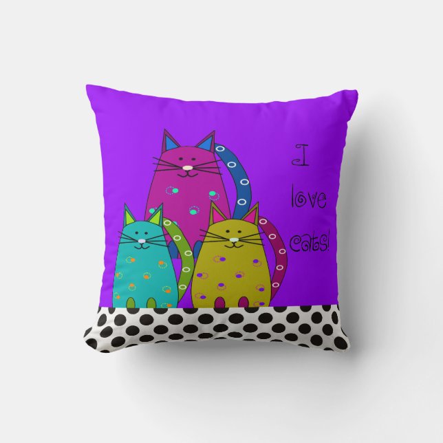 Whimsical Cat Face Pillow Paars en Polka Dots Kussen (Voorkant)