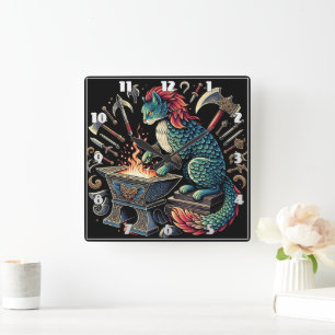 Whimsical Cat Forging Wapens bij Fantasy Workshop Vierkante Klok