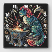 Whimsical Cat Forging Wapens bij Fantasy Workshop Vierkante Klok (Voorkant)