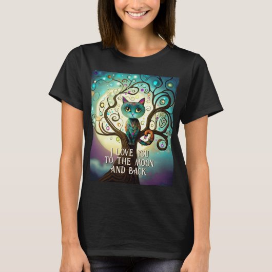 Whimsical Cat Full Moon Artwork Ik hou van je T-shirt (Voorkant)