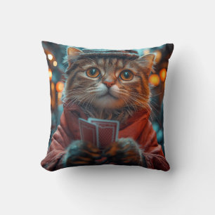 Whimsical Cat Gambler - Speelse katachtige kunstwe Kussen