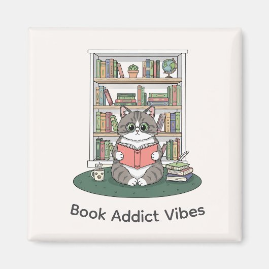 Whimsical Cat Glasses Reading Bookshelf Cute Decor Magneet (Voorkant)