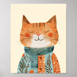 Whimsical Cat Illustration Waterverf Kwekerij Poster