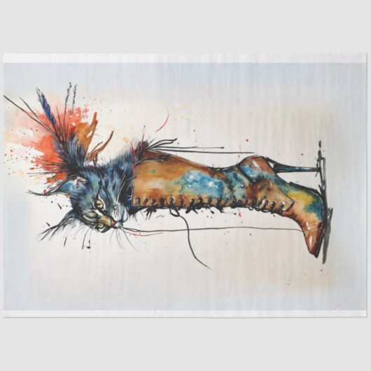 Whimsical Cat in een Laarslevendige Kleuren Decoup Tissuepapier (Voorkant)