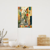 Whimsical Cat in een mediterraan dorp Poster (Keuken)