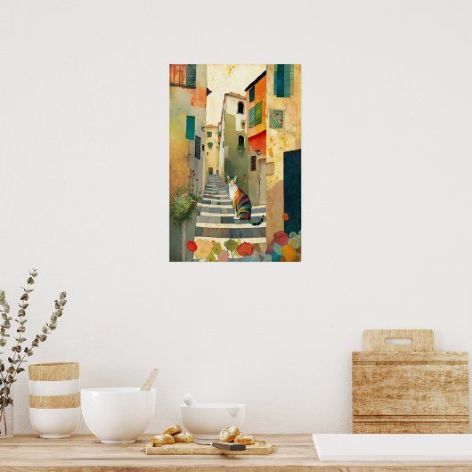 Whimsical Cat in een mediterraan dorp Poster (Keuken)
