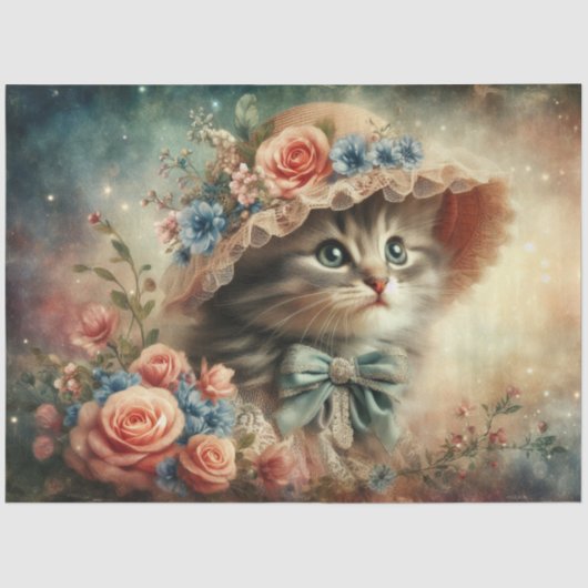 Whimsical Cat In Floral Hat Decoupage  Tissuepapier (Voorkant)