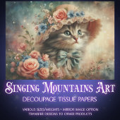 Whimsical Cat In Floral Hat Decoupage  Tissuepapier