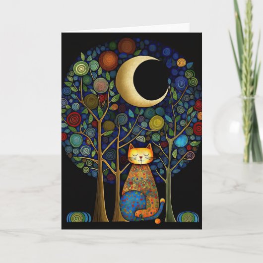 Whimsical Cat in Forest Moon Bedankkaart (Voorkant)
