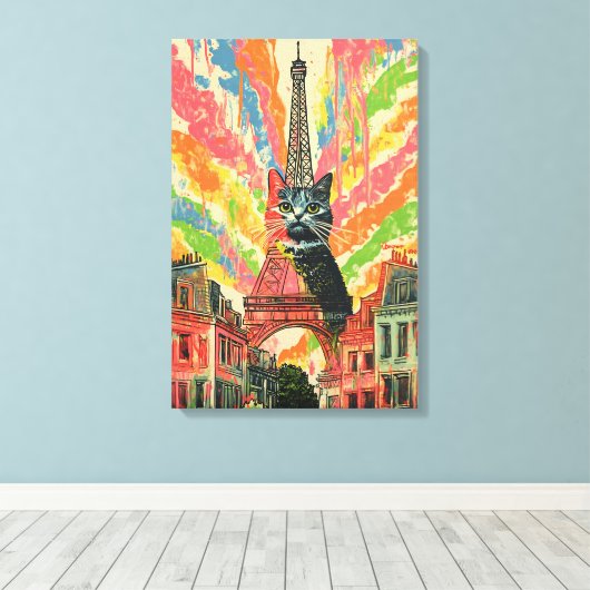 Whimsical Cat in Parijs - Eiffeltoren Kunst Canvas Afdruk (Insitu (Houten vloer))