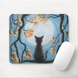 Whimsical Cat in Tree Full Moon Blue Muismat