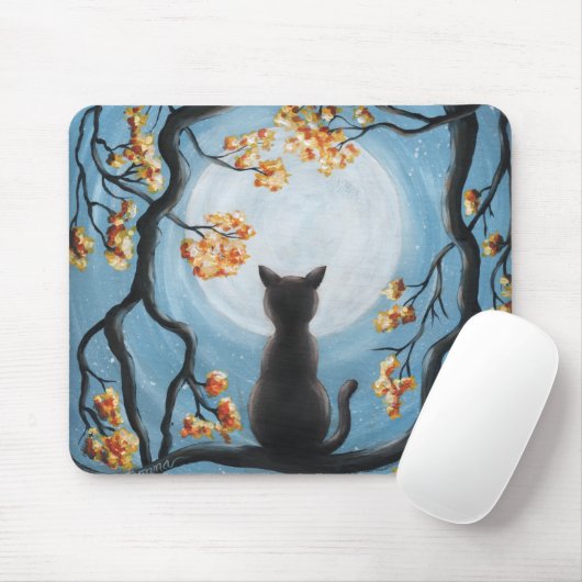 Whimsical Cat in Tree Full Moon Blue Muismat (Met muis)