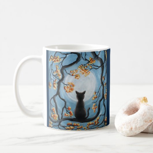 Whimsical Cat in Tree Full Moon PainLove Koffiemok (Met donut)