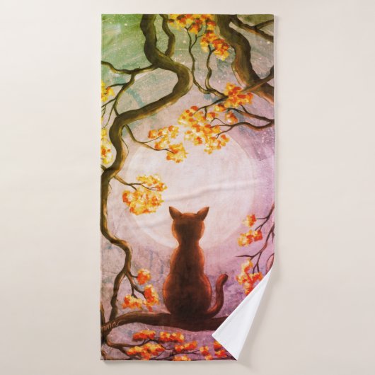 Whimsical Cat in Tree Full Moon Painting Art Badhanddoek (Badhanddoek)