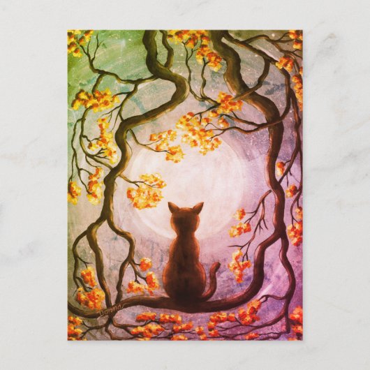 Whimsical Cat in Tree Full Moon Painting Art Briefkaart (Voorkant)