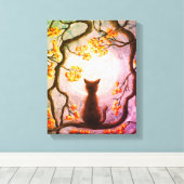 Whimsical Cat in Tree Full Moon Painting Art Canvas Afdruk (Insitu (Houten vloer))