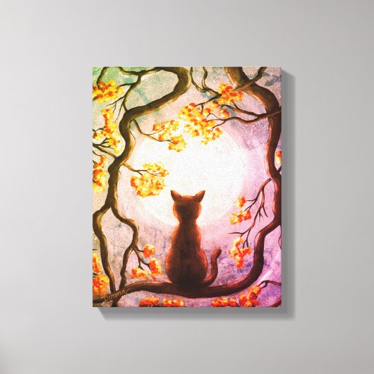 Whimsical Cat in Tree Full Moon Painting Art Canvas Afdruk (Voorkant)