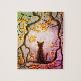 Whimsical Cat in Tree Full Moon Painting Art Legpuzzel