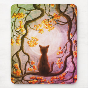 Whimsical Cat in Tree Full Moon Painting Art Muismat