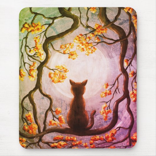 Whimsical Cat in Tree Full Moon Painting Art Muismat (Voorkant)
