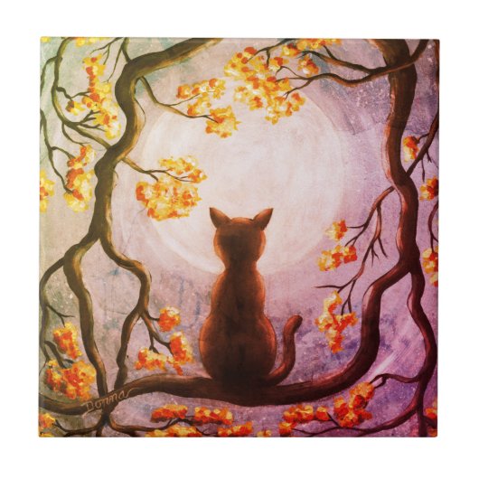Whimsical Cat in Tree Full Moon Painting Art Tegeltje (Voorkant)