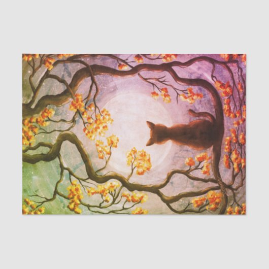 Whimsical Cat in Tree Full Moon Painting Art Tissuepapier (Voorkant)