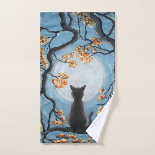 Whimsical Cat in Tree Full Moon Painting Bad Handdoek (Handdoek)