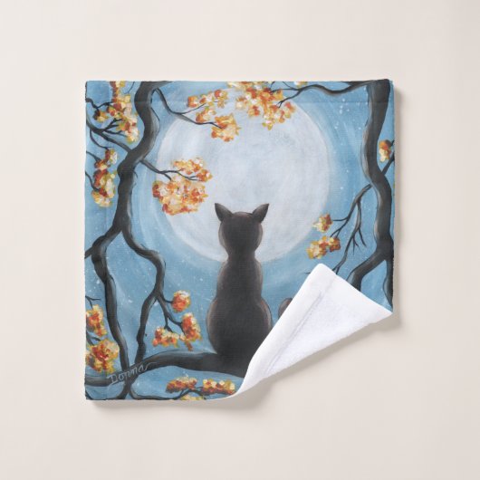 Whimsical Cat in Tree Full Moon Painting Bad Handdoek (Wasdoekje)
