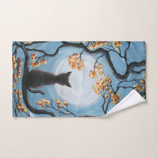 Whimsical Cat in Tree Full Moon Painting Bad Handdoek (Handdoek)