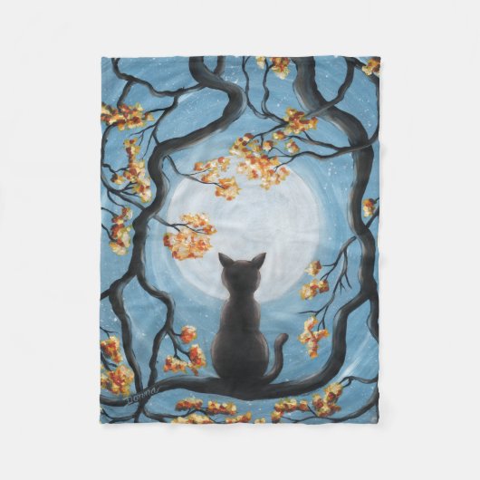 Whimsical Cat in Tree Full Moon Painting Fleece Deken (Voorkant)