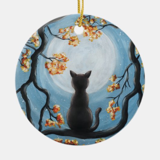 Whimsical Cat in Tree Full Moon Painting Keramisch Ornament (Voorkant)