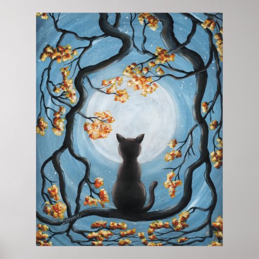 Whimsical Cat in Tree Full Moon Painting Poster (Voorkant)