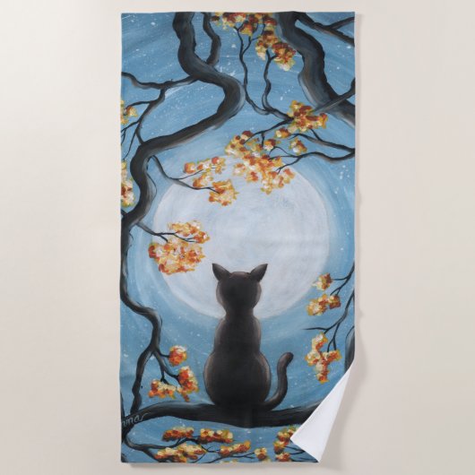 Whimsical Cat in Tree Full Moon Painting Strandlaken (Voorkant)