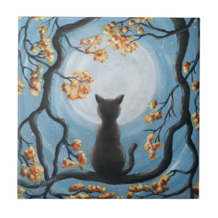 Whimsical Cat in Tree Full Moon Painting Tegeltje