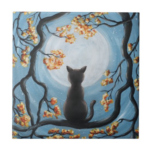 Whimsical Cat in Tree Full Moon Painting Tegeltje (Voorkant)