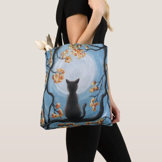 Whimsical Cat in Tree Full Moon Painting Tote Bag (Dichtbij)