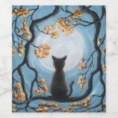Whimsical Cat in Tree Full Moon Painting Wijn Etiket (Enkel label)