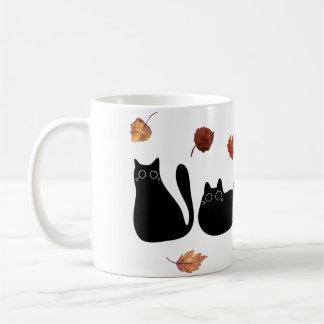 Whimsical Cat Line Art met herfstbladeren Koffiemok
