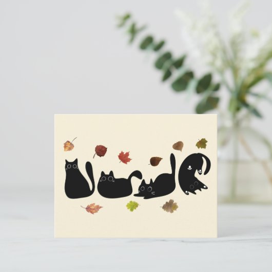 Whimsical Cat Line Art with Autumn Leaves  Briefkaart (Staand voorkant)