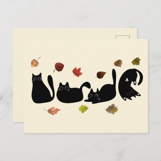 Whimsical Cat Line Art with Autumn Leaves  Briefkaart (Voorkant / Achterkant)