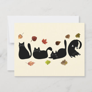 Whimsical Cat Line Art with Autumn Leaves  Briefkaart