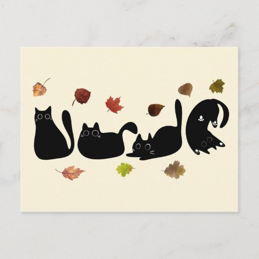 Whimsical Cat Line Art with Autumn Leaves  Briefkaart (Voorkant)