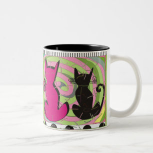 Whimsical Cat Lovers Art geeft "Pensive Thoughts" Tweekleurige Koffiemok